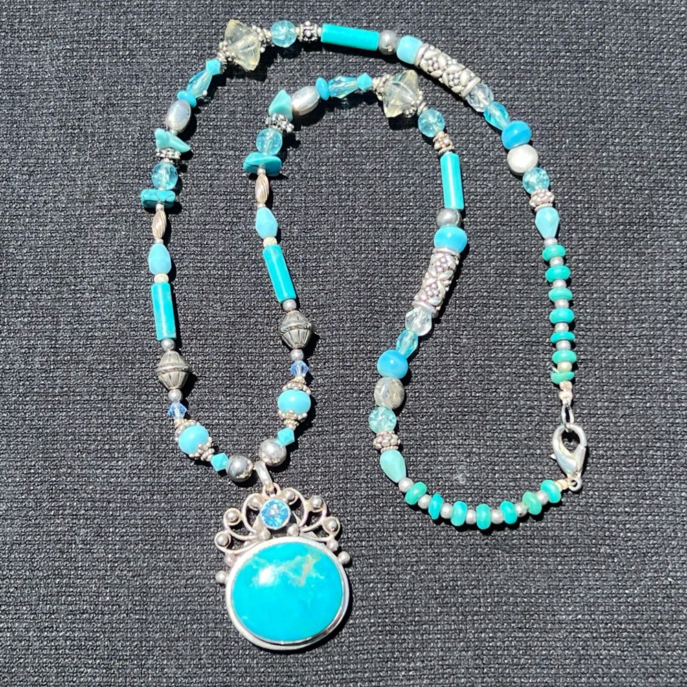 Real Turquoise 925 Sterling Silver Blue Topaz accent 20” Southwest necklace